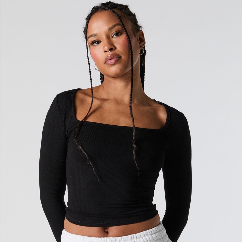 Forever 21 Square Neck Black Long Sleeve Top